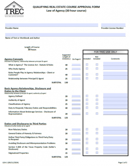 Qualifying Real Estate Course Approval Form (Law of Agency - 30 